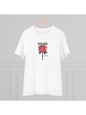 Bs Moda Unisex Do No Harm Rose Baskılı Beyaz Basic Tshirt