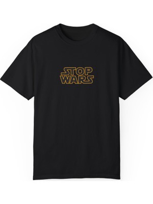 Unisex Stop Wars Baskılı Mizah Siyah Basic Tshirt