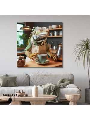 Kare Kanvas Kahve Köşesi Cafe Tablosu Barista Yeşil Iguana