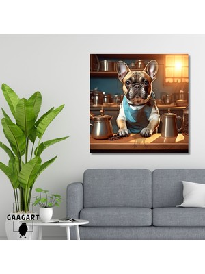 Kare Kanvas Kahve Köşesi Cafe Tablosu Barista Fransız Buldog