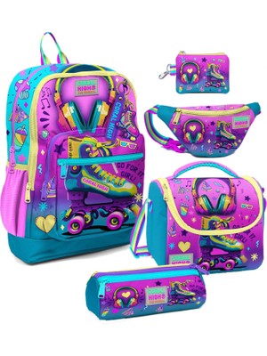 Coral High Kız Çocuk Pembe Turkuaz Kulaklık Paten Desenli Beşli Ilkokul Okul Çanta Seti