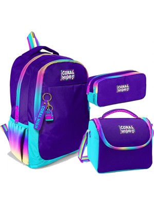 Coral High Üç Gözlü Ilkokul ve Ortaokul Çanta Seti - Kız Çocuk - Rainbow Fermuarlı Mor Desenli