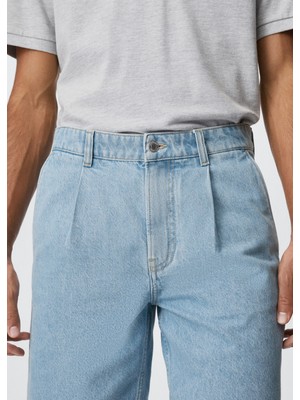 Mango Man Pileli Denim Bermuda Şort