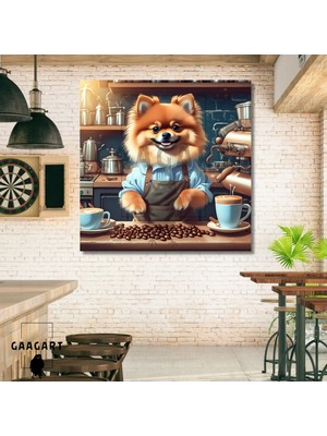 Kare Kanvas Kahve Köşesi Cafe Tablosu Barista Pomeranian Köpek