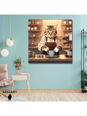 Kare Kanvas Kahve Köşesi Cafe Tablosu Barista Tekir Kedi