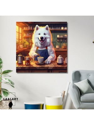 Gaagart Kare Kanvas Kahve Köşesi Cafe Tablosu Barista Samoyed Köpek
