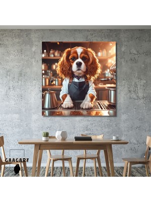 Kare Kanvas Kahve Köşesi Cafe Tablosu Barista King Charles Köpek