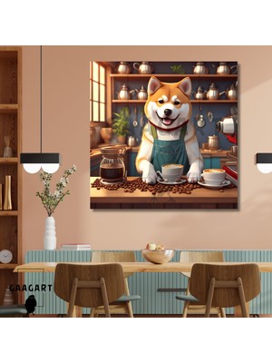 Gaagart Kare Kanvas Kahve Köşesi Cafe Tablosu Barista Japon Akita Köpek