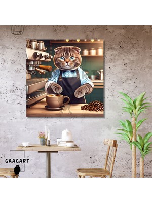 Kare Kanvas Kahve Köşesi Cafe Tablosu Barista Scottish Kedi