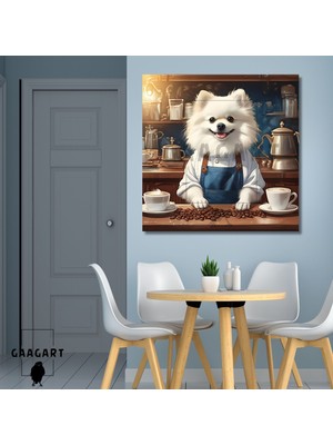 Kare Kanvas Kahve Köşesi Cafe Tablosu Barista Beyaz Pomeranian