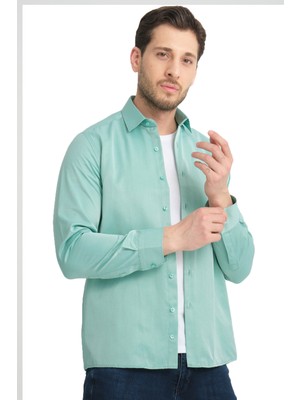 Varetta Erkek Mint Yeşil Düz Cepsiz Geniş Kesim Uzun Kollu Gömlek