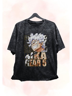 Fuddy Moda Unisex Özel Tasarım Gear 5 Luffy Retro Tişört, Oversize Anime Baskılı Yıkamalı T-Shirt