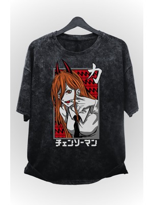 Fuddy Moda Unisex Chainsaw Man Power Yıkamalı Tişört, Oversize Anime Baskılı Eskitme T-Shirt