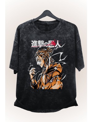 Fuddy Moda Unisex Eren Yeager Yıkamalı Tişört, Oversize Anime Baskılı Vintage T-Shirt