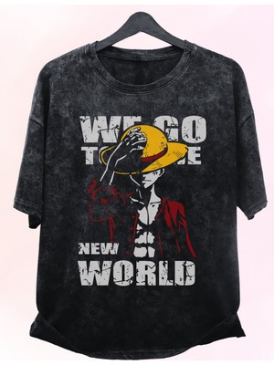 Fuddy Moda Unisex New World Monkey D. Luffy Eskitme Tişört, Oversize One Piece Anime Baskılı Yıkamalı T-Shirt