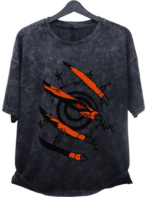 Fuddy Moda Unisex Naruto Kurama Eskitme Tişört, Oversize Anime Baskılı Yıkamalı T-Shirt