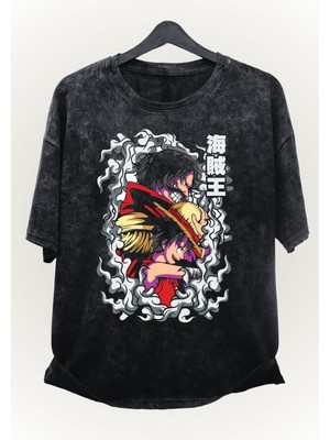 Fuddy Moda Unisex Onepiece Luffy And Gol D. Roger Baskılı Yıkamalı Tişört,oversize Anime Baskılı Retro T-Shirt