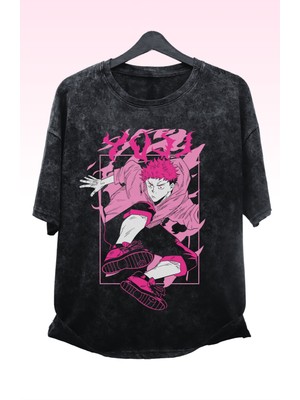 Fuddy Moda Unisex Jujutsu Kaisen Itadori Baskılı Yıkamalı Tişört, Oversize Anime Baskılı Retro T-Shirt