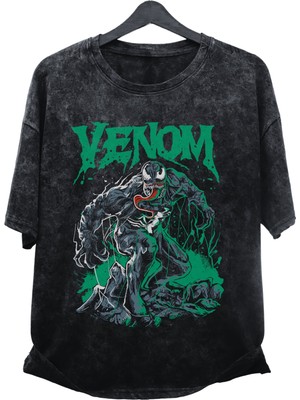 Fuddy Moda Unisex V2 Venom Yeşil Baskılı Yıkamalı Tişört, Oversize Marvel Baskılı Retro T-Shirt