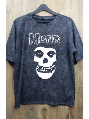 Unisex Misfits Baskılı Yıkamalı Tişört, Oversize Rock-Metal Baskılı Eskitme T-Shirt