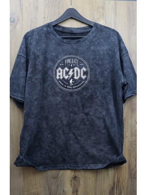 Fuddy Moda Unisex Ac-Dc Sırt Baskılı Yıkamalı Tişört, Oversize Rock-Metal Baskılı Retro T-Shirt