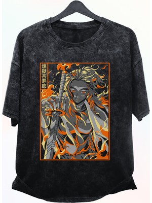 Fuddy Moda Oversize Demon Slayer Rengoku Kyojuro Baskılı Yıkamalı T-Shirt, Unisex Anime Baskılı Retro Tişört