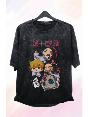 Fuddy Moda Oversize Demon Slayer Karakterleri Baskılı Yıkamalı T-Shirt, Unisex Anime Baskılı Vintage Tişört