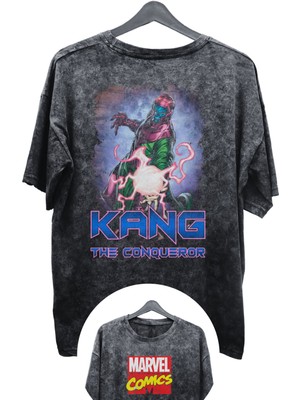 Unisex Kang The Conqueror Baskılı Yıkamalı Tişört, Oversize Marvel Comics Baskılı Eskitme T-Shirt