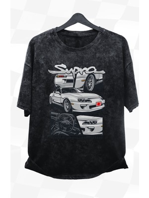 Unisex Toyota Supra Baskılı Yıkamalı Tişört, Oversize Araba Baskılı Retro T-Shirt