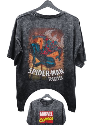 Fuddy Moda Unisex 2099 Spider-Man Baskılı Yıkamalı Tişört, Oversize Marvel Comics Baskılı Eskitme T-Shirt