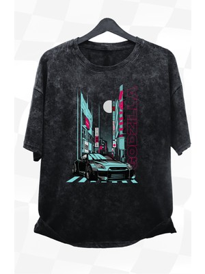 Fuddy Moda Unisex Nissan Gt-R Godzilla Baskılı Yıkamalı Tişört, Oversize Araba Baskılı Retro T-Shirt