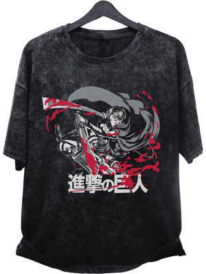 Fuddy Moda Oversize Aot Levi Ackerman Baskılı Yıkamalı T-Shirt, Unisex Anime Baskılı Eskitme Tişört