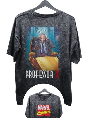 Unisex Professor x Baskılı Yıkamalı Tişört, Oversize Marvel Comics Baskılı Eskitme T-Shirt