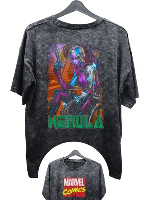 Fuddy Moda Unisex Nebula Baskılı Yıkamalı Tişört, Oversize Marvel Comics Baskılı Retro T-Shirt