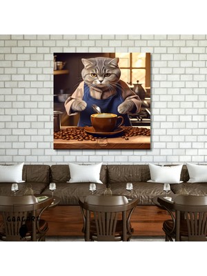 Kare Kanvas Kahve Köşesi Cafe Tablosu Barista Gri British Kedi