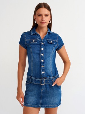 90539 Düğmeli Denim Mini Elbise-Mavi