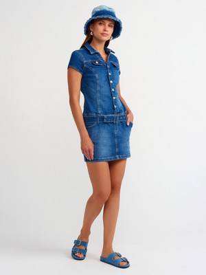 90539 Düğmeli Denim Mini Elbise-Mavi