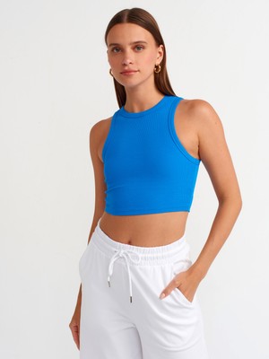 Dilvin 20820 Dikiş Efektli Crop Top-Saks