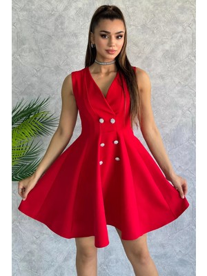 Gülseli Kırmızı Kruvaze Yaka Taşlı Düğmeli Içi Kendinden Astarlı Abiye Elbise P-00010798