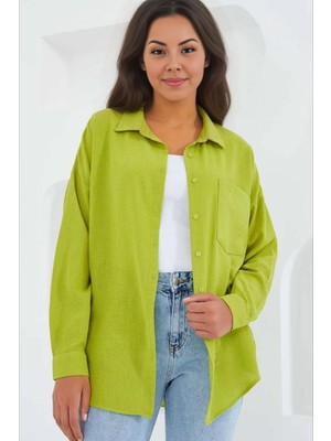 Hazelin Kadın Fıstık Yeşil Tek Cepli Oversize Keten Ayrobin Gömlek HZL24S-BD1201531