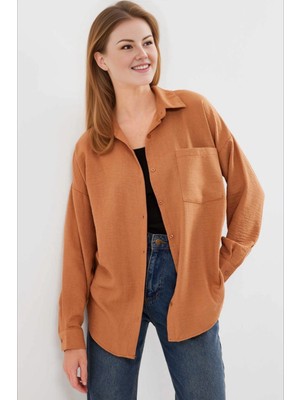 Hazelin Kadın Camel Tek Cepli Oversize Keten Ayrobin Gömlek HZL24S-BD1201531