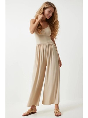 Hazelin Kadın Krem Ayarlanabilir Askılı Beli Lastikli Bol Paça Yazlık Örme Tulum HZL24S-BD170291