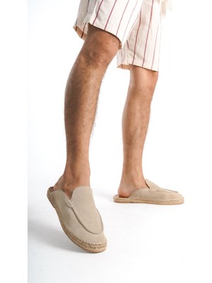 Mubiano Summer Mubiano Hakiki Deri Summer Erkek Süet Önü Kapalı Jüt Taban Bej Espadril Terlik -MSSR3416-BJ