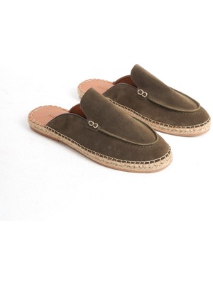 Mubiano Summer Mubiano Hakiki Deri Summer Erkek Süet Önü Kapalı Jüt Taban Haki Espadril Terlik -MSSR3416-HK