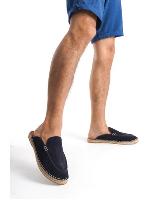 Mubiano Summer Mubiano Hakiki Deri Summer Erkek Süet Önü Kapalı Jüt Taban Lacivert Espadril Terlik -MSSR3416-LCV