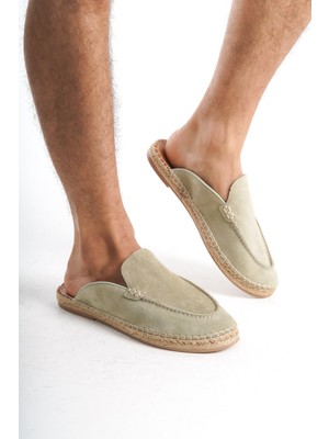 Mubiano Summer Mubiano Hakiki Deri Summer Erkek Süet Önü Kapalı Jüt Taban Yeşil Espadril Terlik -MSSR3416-Y