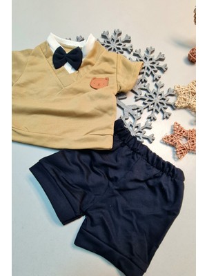 Erkek Bebek Papyonlu Kısa Kollu Yazlık Şık Alt Üst Takım Kahverengi