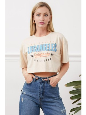 Charmwear Los Angeles Baskılı Bej Renkli Crop