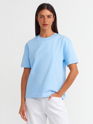 Dilvin 30312 Dekoratif Dikişli Bisiklet Yaka Tshirt-Açık Mavi