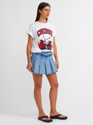 Dilvin 71672 Yandan Fermuarlı Pileli Denim Şort Etek-Mavi